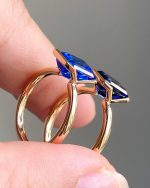 Blue Emerald Cut Moissanite V Bezel Set Ring
