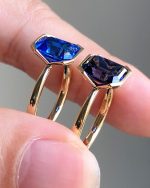 Blue Emerald Cut Moissanite V Bezel Set Ring