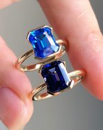 Blue Emerald Cut Moissanite V Bezel Set Ring