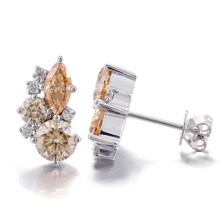 round&marquise cut champagne moissanite cluster earrings