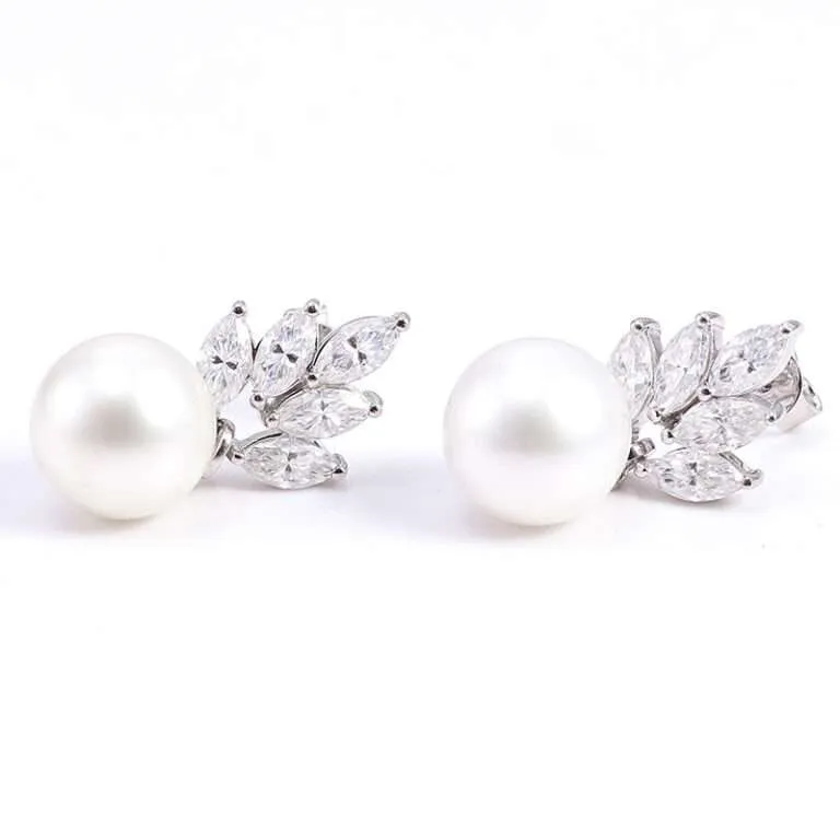 Dazzling Marquise Moissanite Cluster Earrings with Suspended Freshwater Pearls