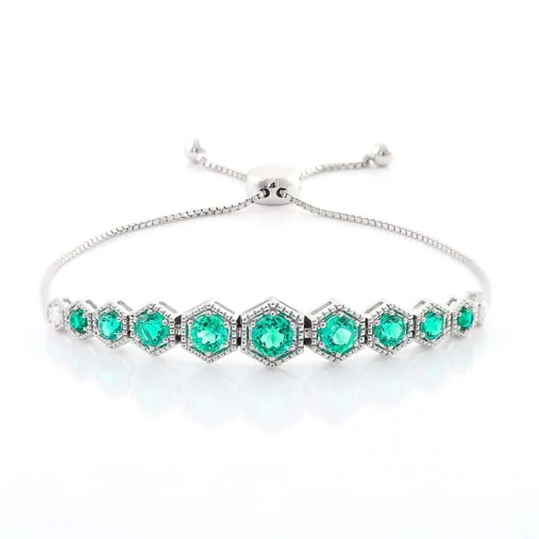 Hexagonal White Gold Bracelet with Lab Emeralds and Moissanites
