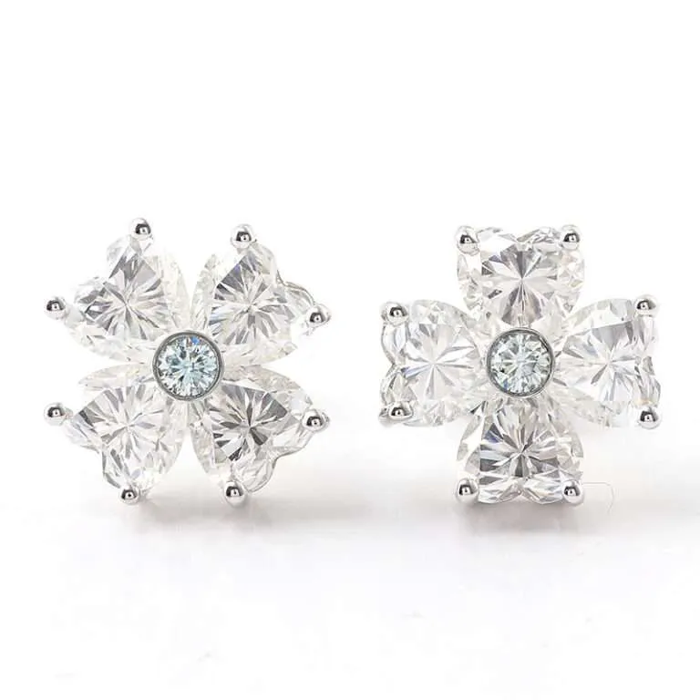Four Leaf Clover Heart Moissanite Stud Earrings with Aquamarine Center