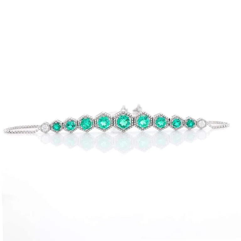 Hexagonal White Gold Bracelet with Lab Emeralds and Moissanites