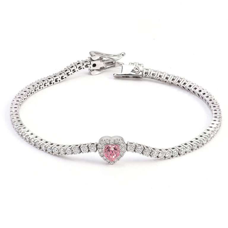 Heart-Shaped Pink Lab Gemstone Tennis Bracelet with Halo