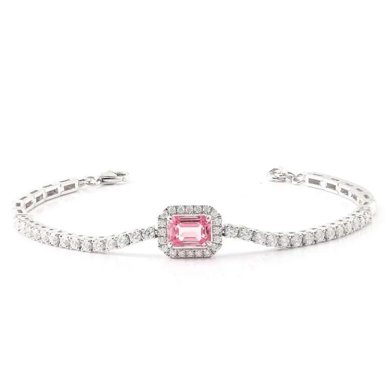 Radiant Emerald Pink Lab Gemstone Halo Tennis Bracelet