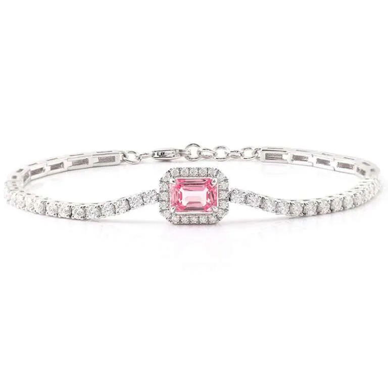 Radiant Emerald Pink Lab Gemstone Halo Tennis Bracelet
