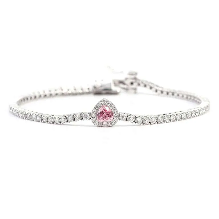 Heart-Shaped Pink Lab Gemstone Tennis Bracelet with Halo
