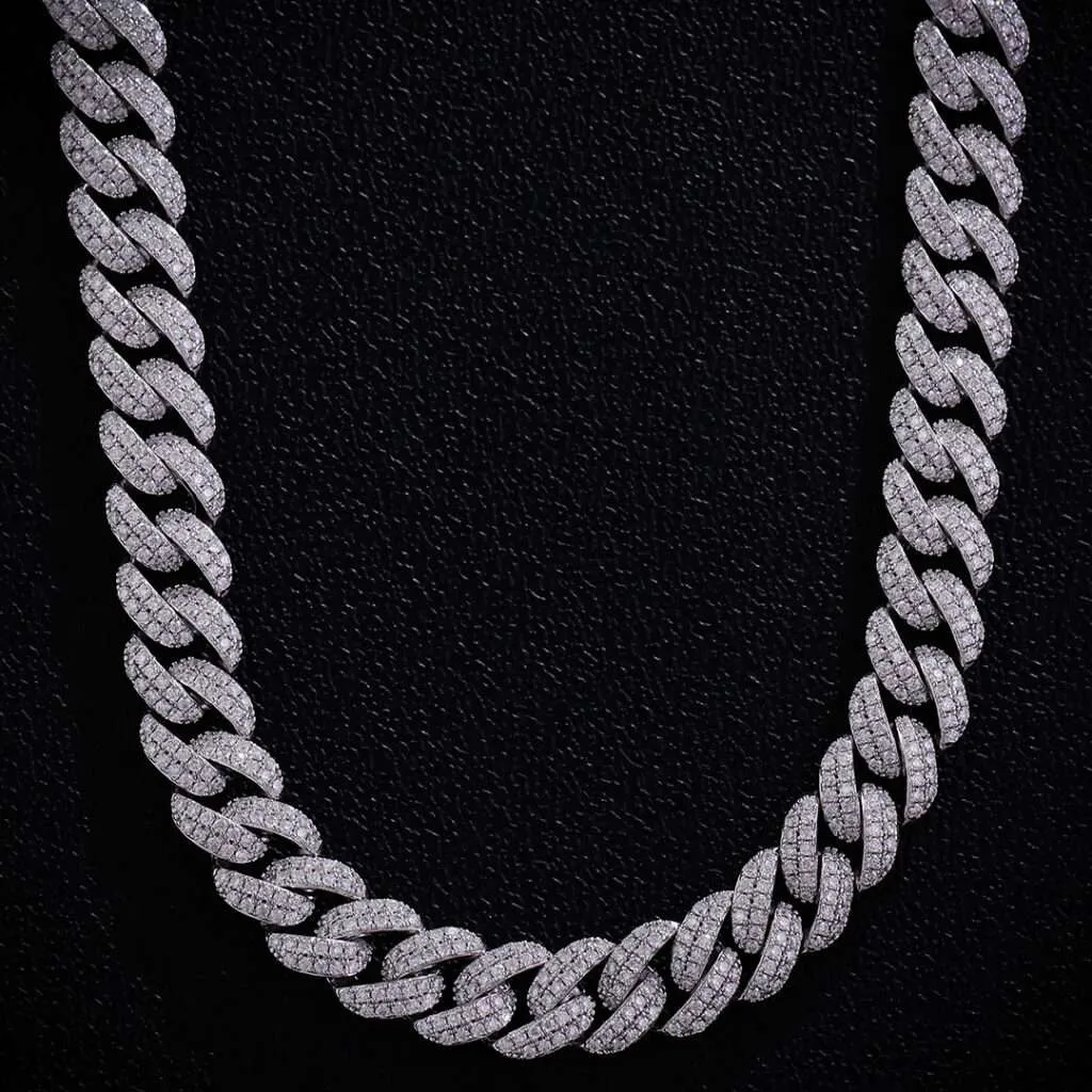 10MM Wide Double Row Moissanite Silver Cuban Chain (Beveled Edge)