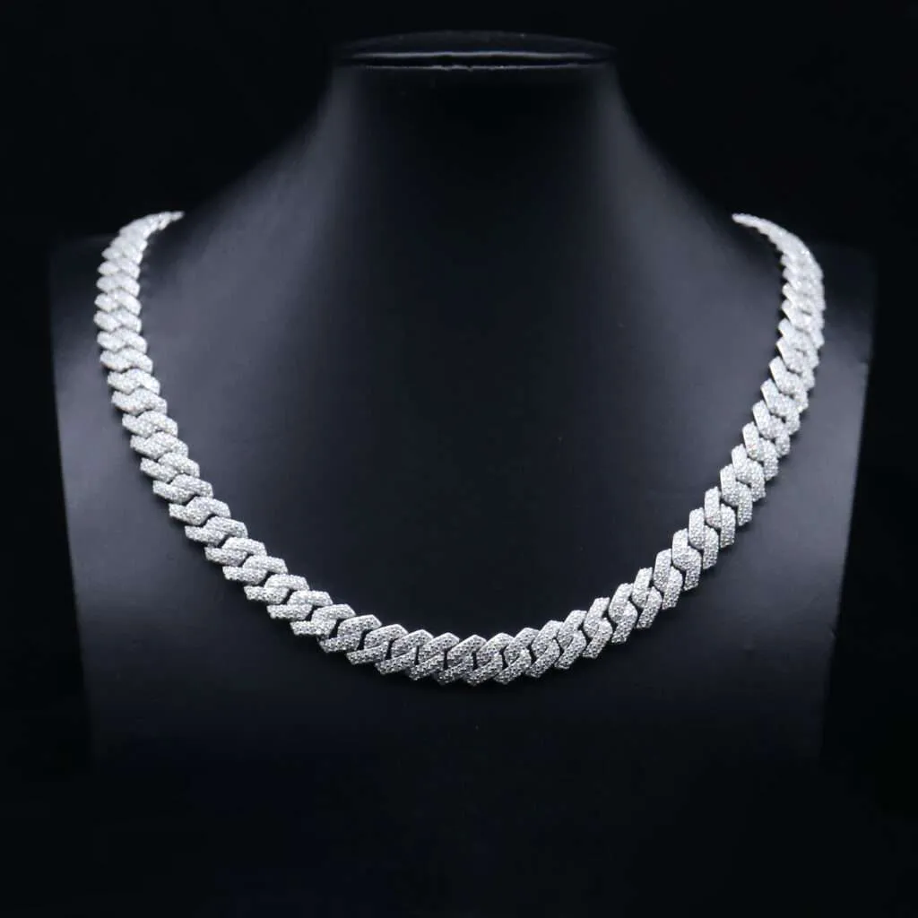 12MM Wide Double Row Moissanite Silver Cuban Chain