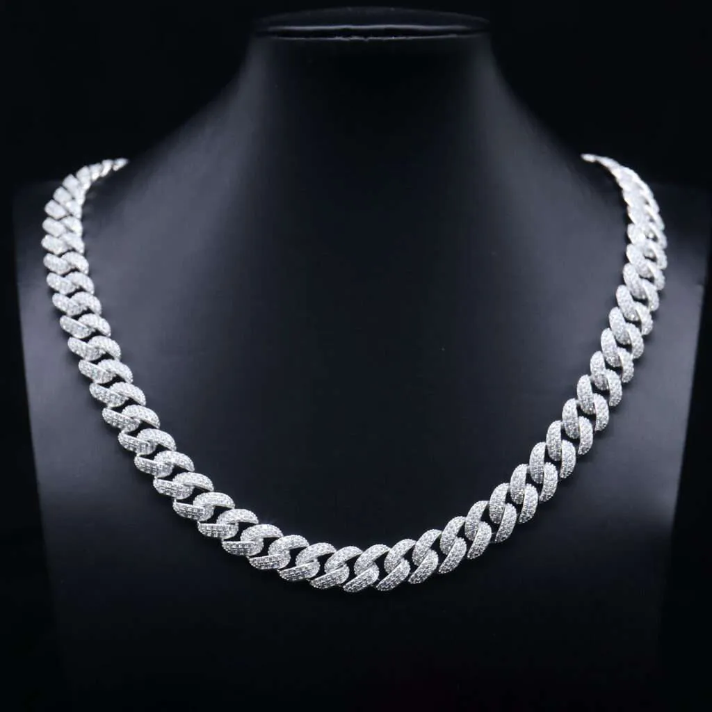 10MM Wide Double Row Moissanite Silver Cuban Chain (Beveled Edge)