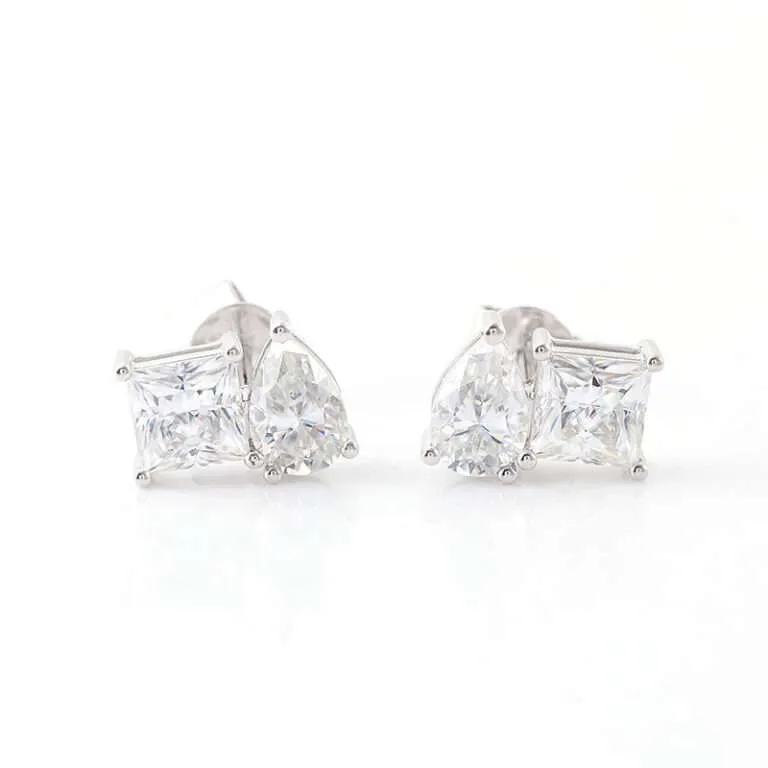 Pear Princess Moissanite Stud Earrings