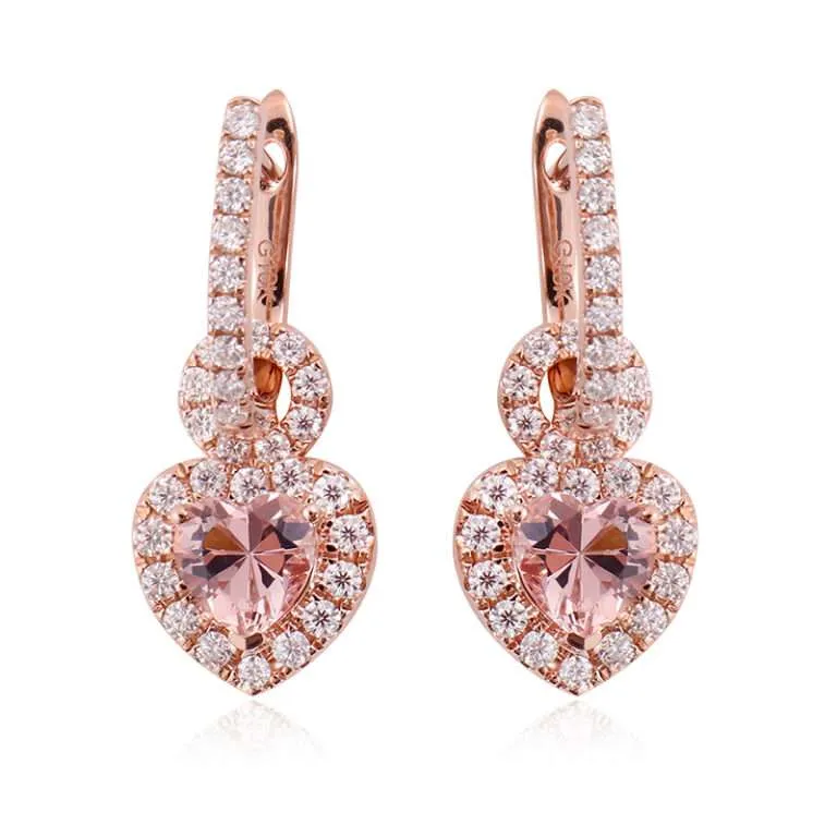 Rose Gold Heart-Shaped Pink Gemstone Earrings with Diamond Halo