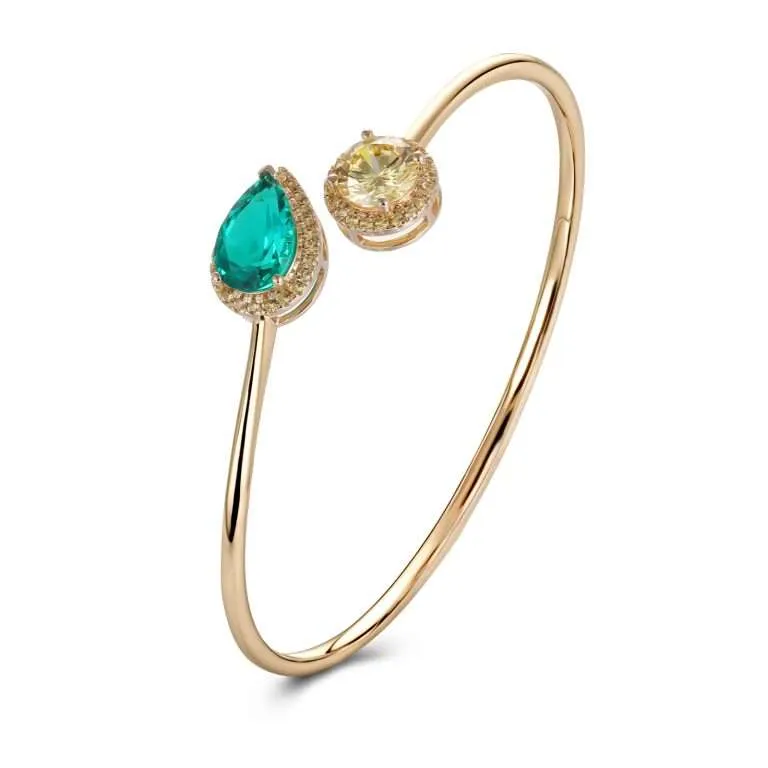 Dual Gemstone Bangle - Yellow Sapphire & Colombian Emerald with Moissanite Halo