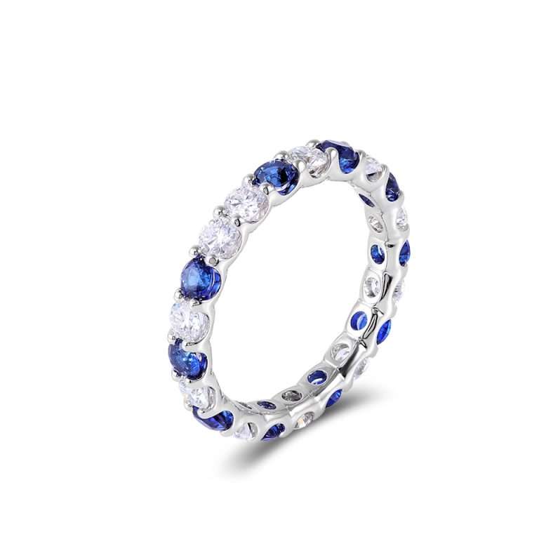 White Gold Round Cut Blue and Clear 2.1CTW Moissanite Eternity Ring