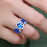 ​​Cobalt Blue Lab Gemstone Ring | 18K Gold Halo Setting with Moissanite Embrace​