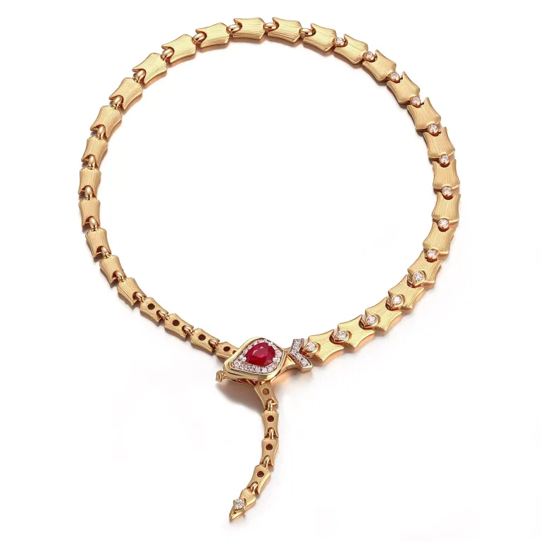 Ruby Snake Bracelet | 18K Yellow Gold Ruby-Eyed Snake with Lab Diamonds​
