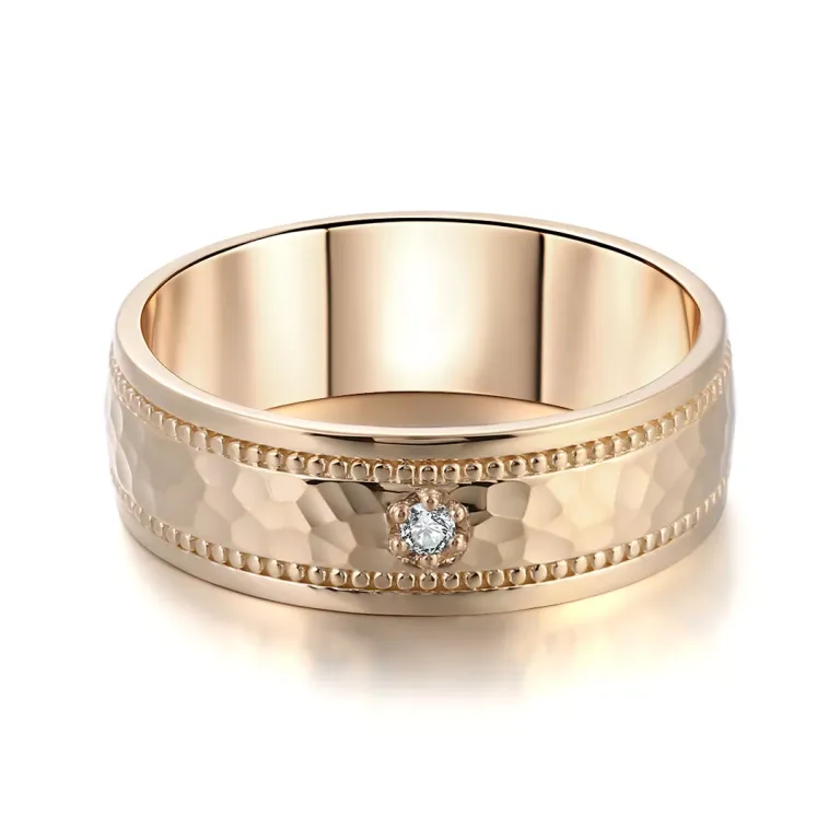Golden Hour Solitaire Ring | Warm-Tone Hammered Ring with Round-Cut Moissanite & Beaded Accents​