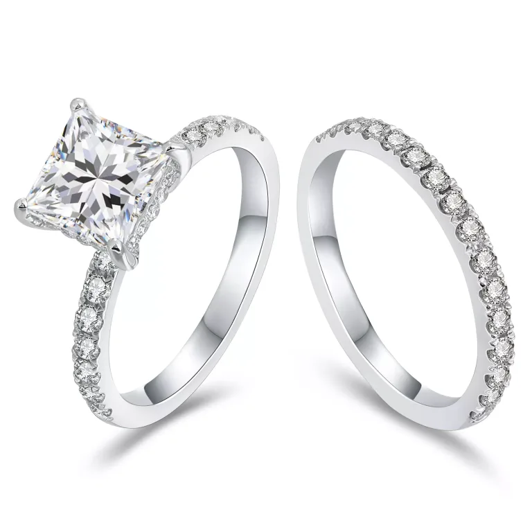 Princess Prism Duo Ring | Princess-Cut Moissanite Solitaire & Pavé Band Set with Geometric Light Matrix​