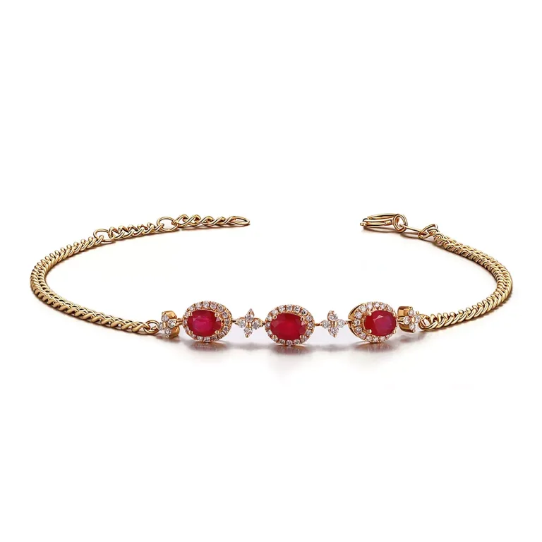 Ruby Triad Bracelet | 18K Yellow Gold Ruby & Lab Diamond Floral Links​
