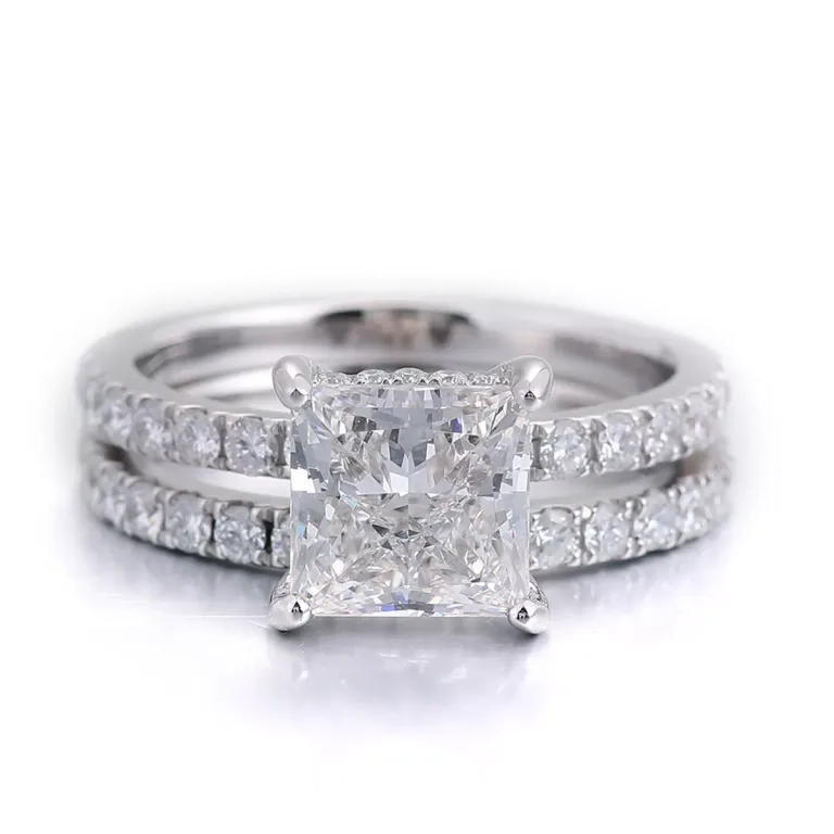 Princess Prism Duo Ring | Princess-Cut Moissanite Solitaire & Pavé Band Set with Geometric Light Matrix​
