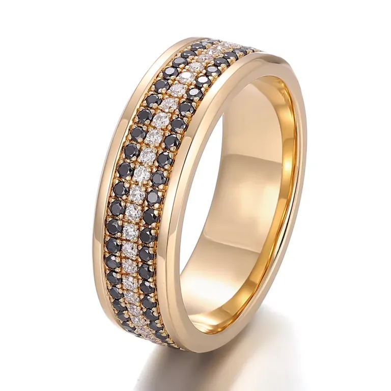 Moissanite Enternity Ring | Triple-Row Eternity with Central Moissanite & Flanking Black Moissanites​