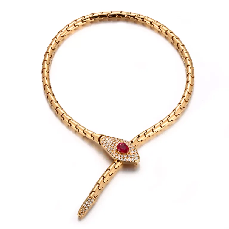 Serpent Ouroboros Bracelet | 18K Gold Yellow Ruby-Eyed Snake with Lab Diamonds