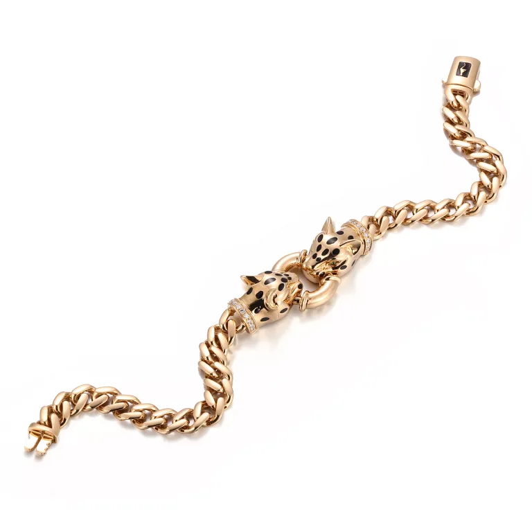 Double Leopard Head Bracelet | 18K Yellow Gold Pair with Lab Diamond