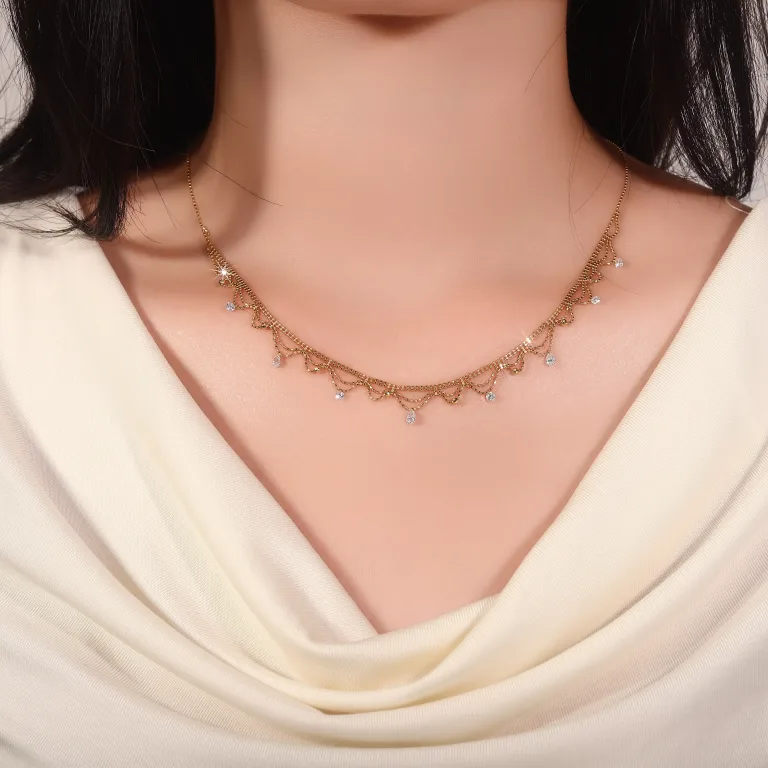 Lace Diamond Cascade Necklace | 18K Yellow Gold Lace-Inspired Chain with Round-Cut Lab Diamonds