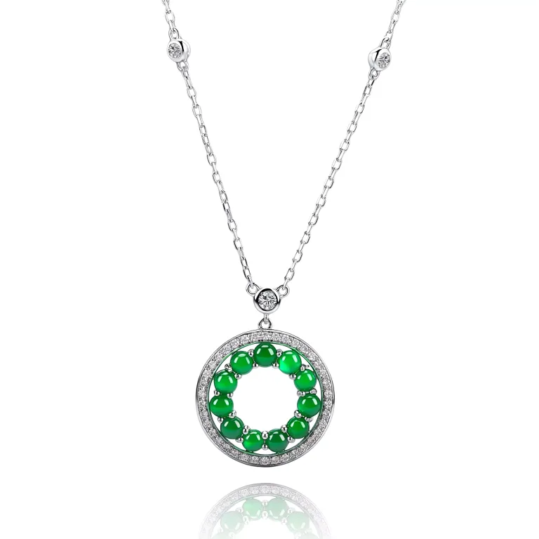 Emerald and Diamond Halo Circle of Life Necklace | 18k White Gold Station Chain