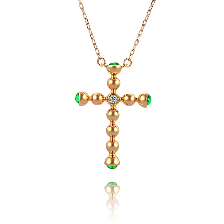 Large Statement Emerald and Diamond Cross Necklace | 18k Yellow Gold Beaded Design