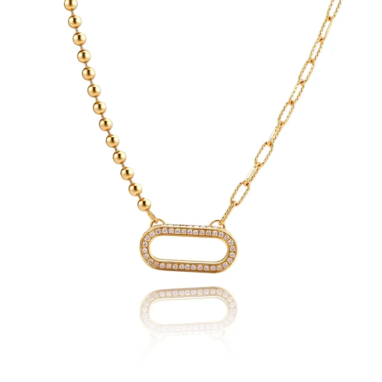 Modern Mixed Chain Diamond Oval Pendant Necklace in 18k Yellow Gold
