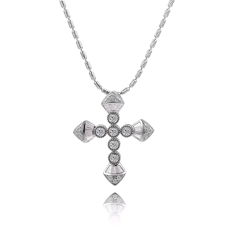 Art Deco Baguette and Round Diamond Cross Pendant in 18k White Gold