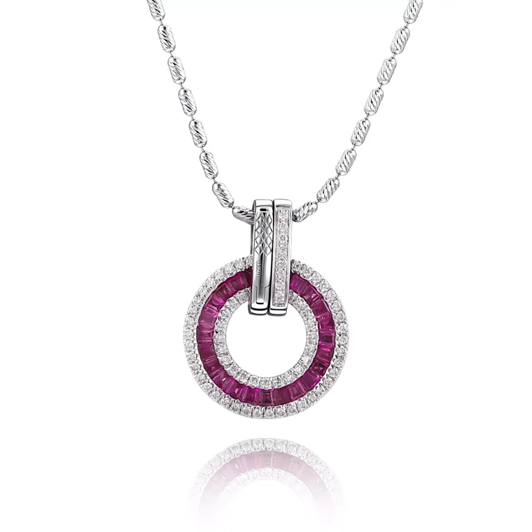 Baguette Ruby and Diamond Double Halo Circle Pendant in 18k White Gold