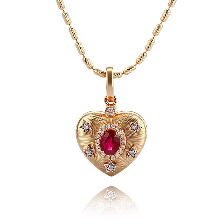 Celestial Ruby and Diamond Starburst Heart Pendant in 18k Yellow Gold