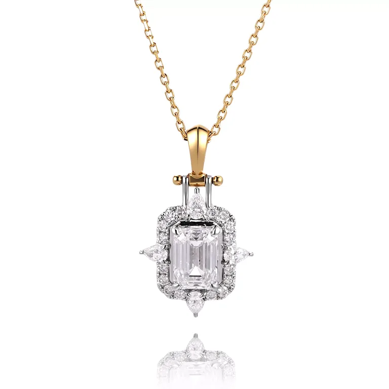 Vintage Emerald Cut Lab Diamond Starburst Halo Pendant |Pendant Only