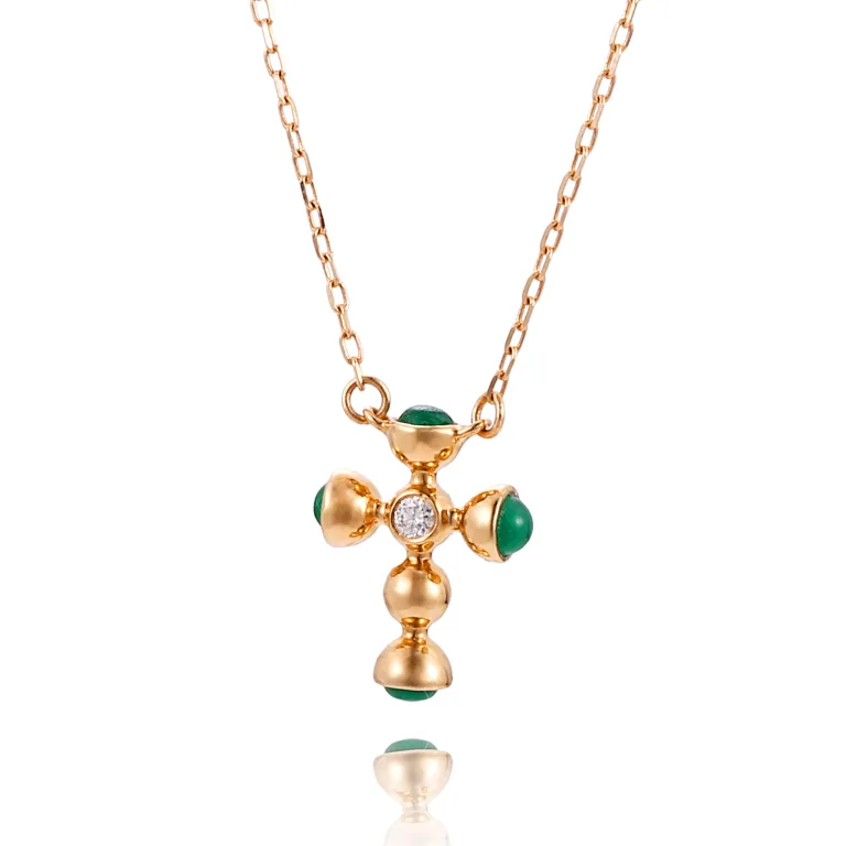 Dainty Emerald and Diamond Cross Necklace in 18k Yellow Gold（Small-size version）