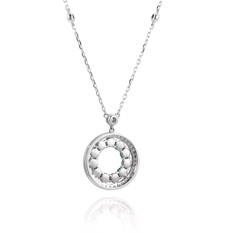 Emerald and Diamond Halo Circle of Life Necklace | 18k White Gold Station Chain