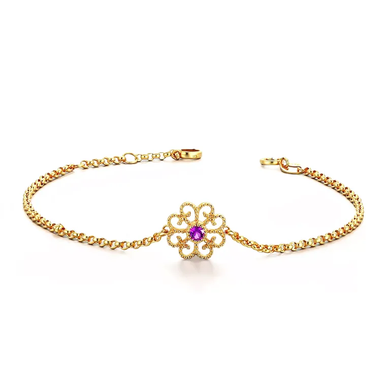 18k Yellow Gold Vintage Filigree Flower Bracelet with Pink Sapphire