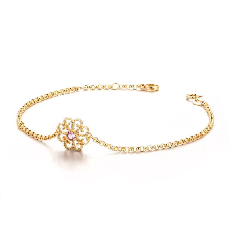 18k Yellow Gold Vintage Filigree Flower Bracelet with Pink Sapphire