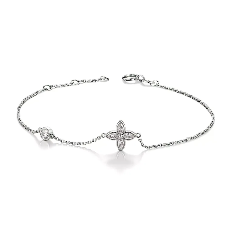 18k White Gold Marquise Diamond Clover Station Bracelet