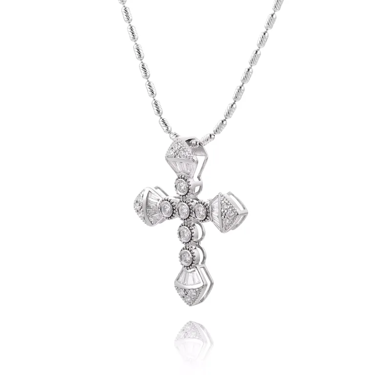 Art Deco Baguette and Round Diamond Cross Pendant in 18k White Gold