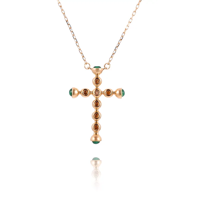 Large Statement Emerald and Diamond Cross Necklace | 18k Yellow Gold Beaded Design