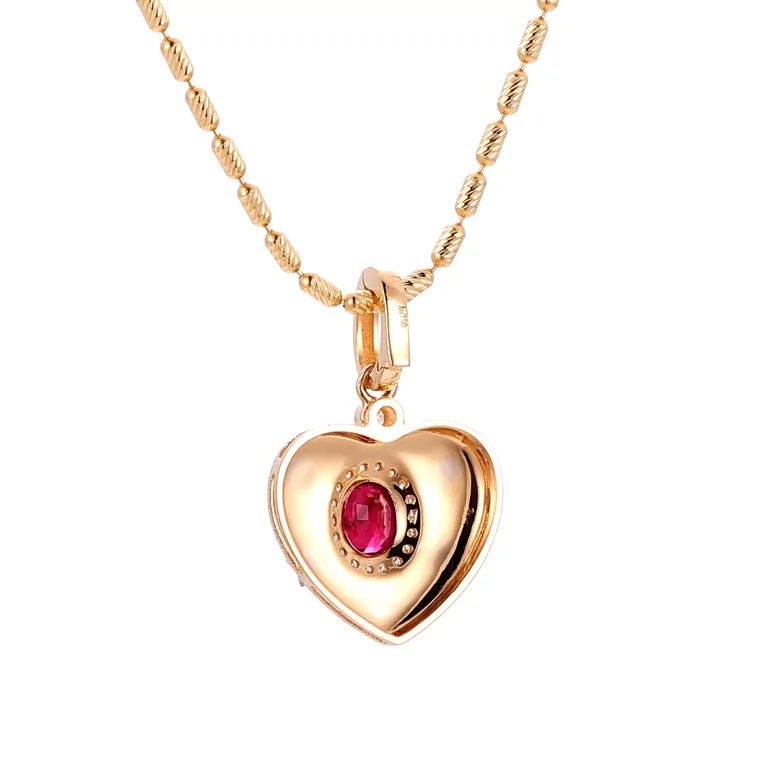 Celestial Ruby and Diamond Starburst Heart Pendant in 18k Yellow Gold