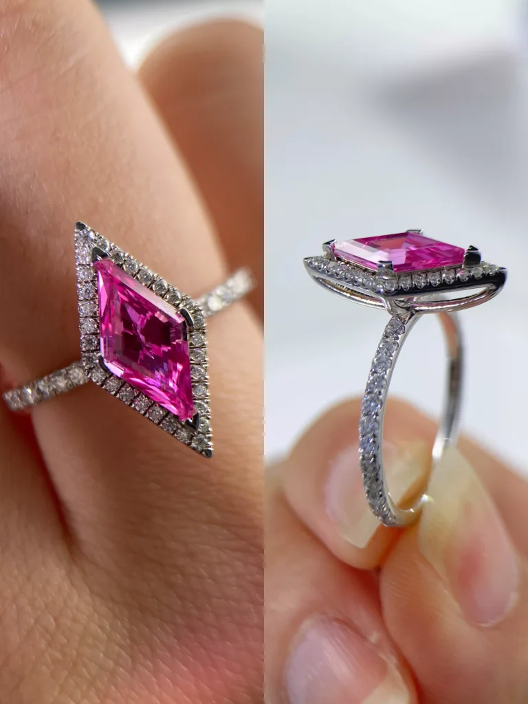 Group-Exclusive：Rhombus Cut Rubellite Ring with Moissanite Halo in S925