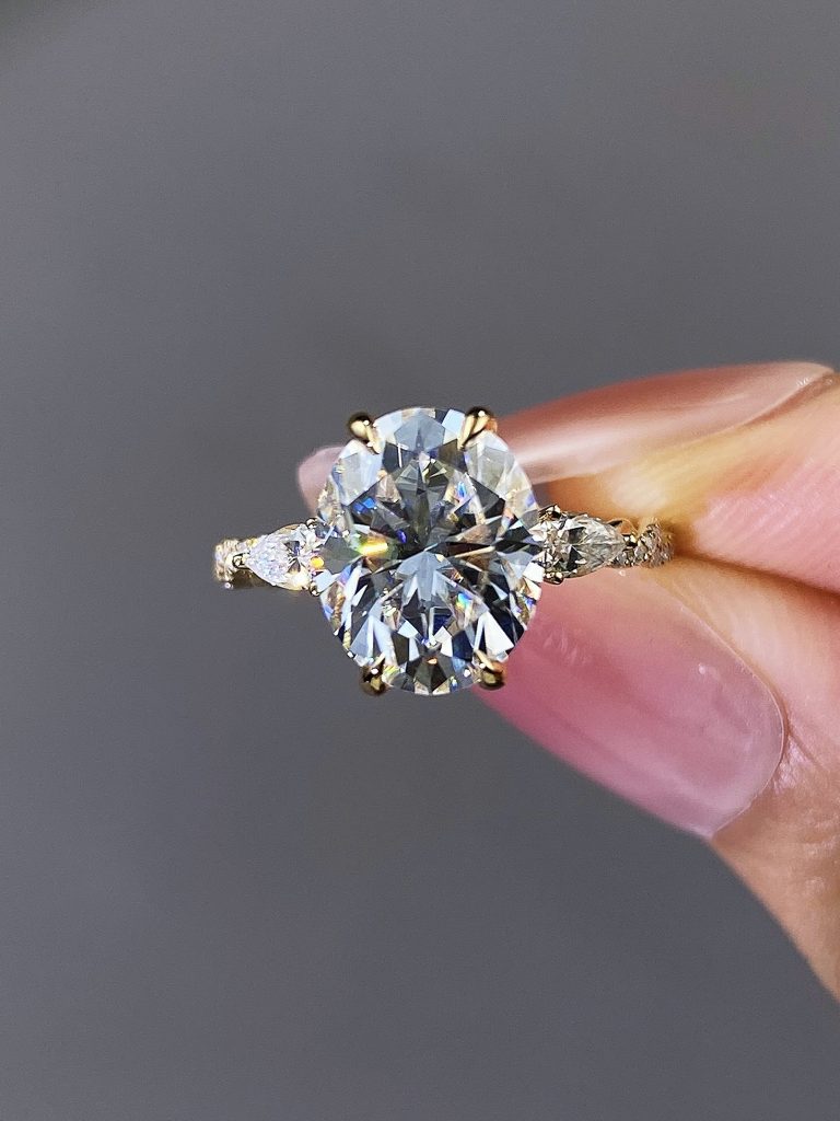 3CT Oval Moissanite Engagement Ring with Pear Side Stones | 10k Yellow Gold