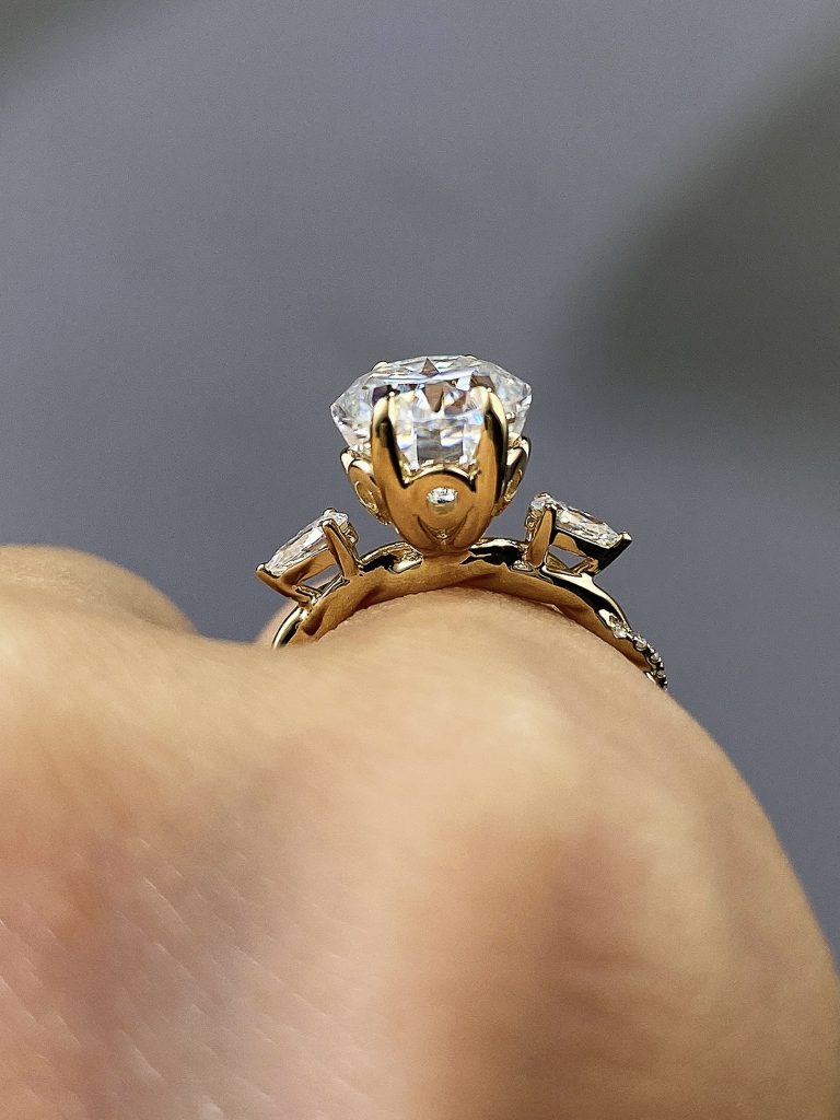 3CT Oval Moissanite Engagement Ring with Pear Side Stones | 10k Yellow Gold