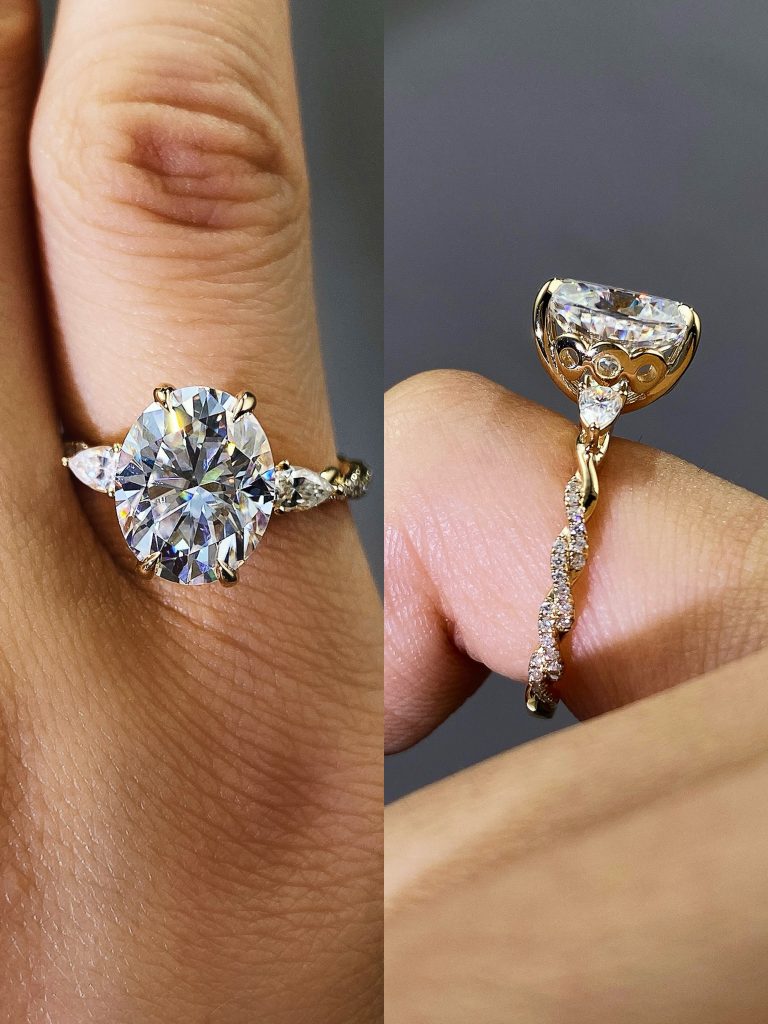3CT Oval Moissanite Engagement Ring with Pear Side Stones | 10k Yellow Gold