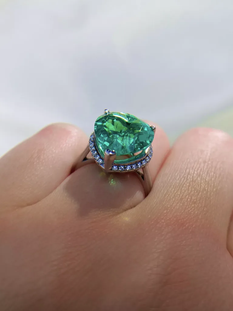Group Exculsive:Vivid Heart Cut Lab Grown Emerald Ring with Hidden Moissanite Halo in S925 Silver