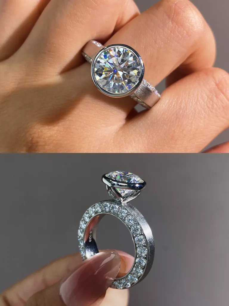 5ct Round Moissanite Bezel Ring with Pavé Gallery in S925 Silver